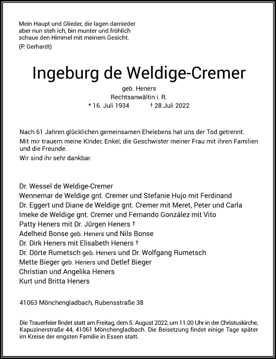 Traueranzeige von Ingeburg de Weldige-Cremer von Rheinische Post