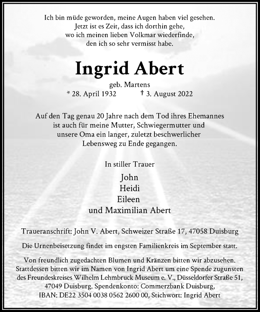  Traueranzeige für Ingrid Abert vom 13.08.2022 aus Rheinische Post