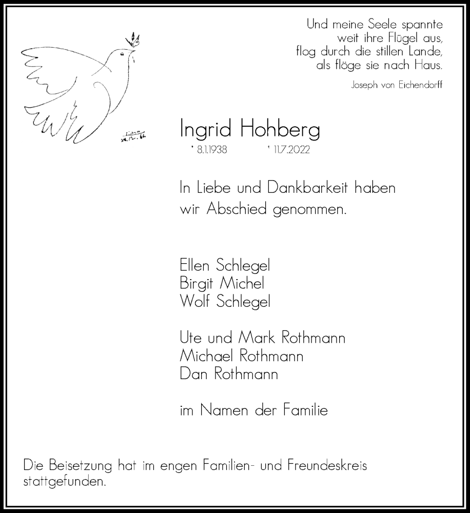  Traueranzeige für Ingrid Hohberg vom 13.08.2022 aus Rheinische Post