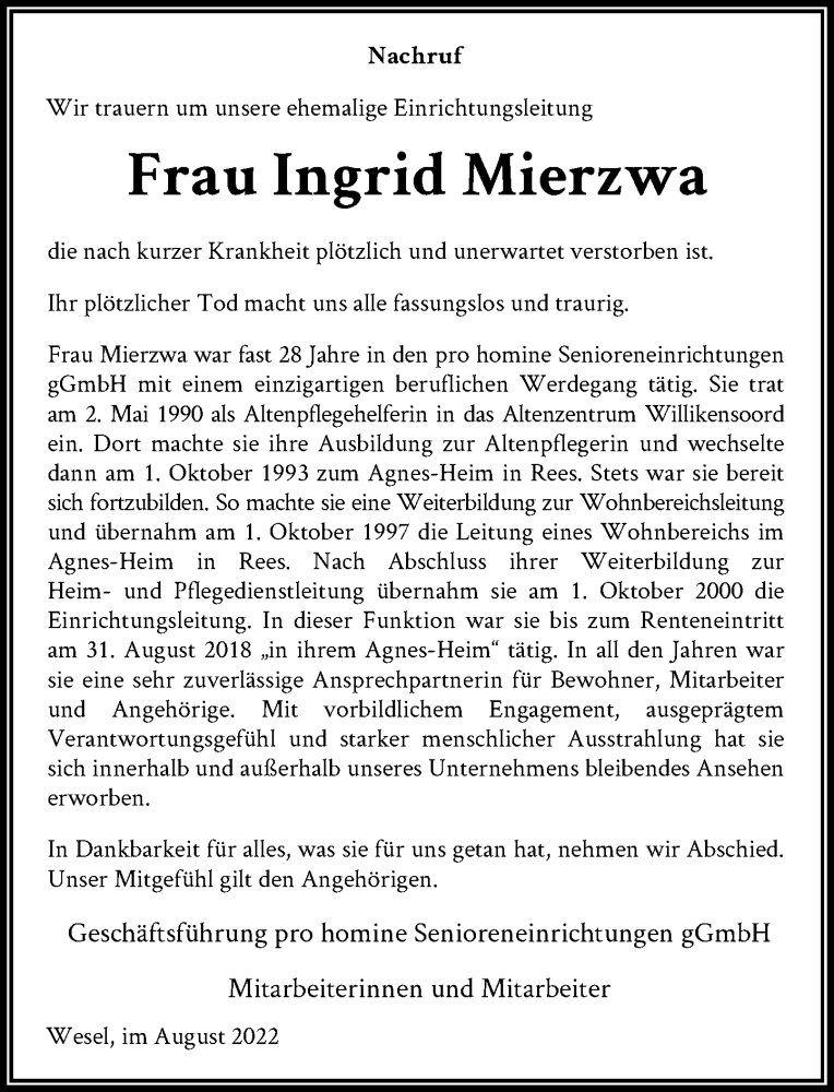  Traueranzeige für Ingrid Mierzwa vom 04.08.2022 aus Rheinische Post