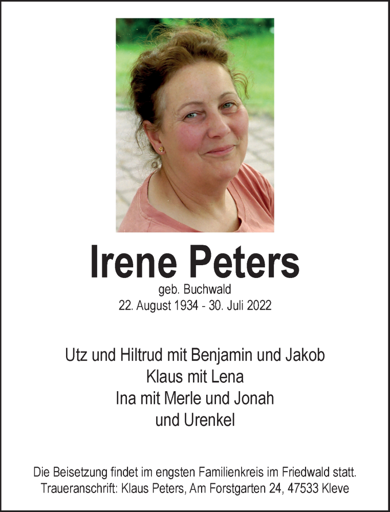  Traueranzeige für Irene Peters vom 06.08.2022 aus Rheinische Post