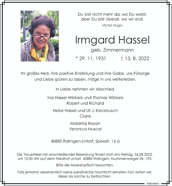 Traueranzeige von Irmgard Hassel von Rheinische Post