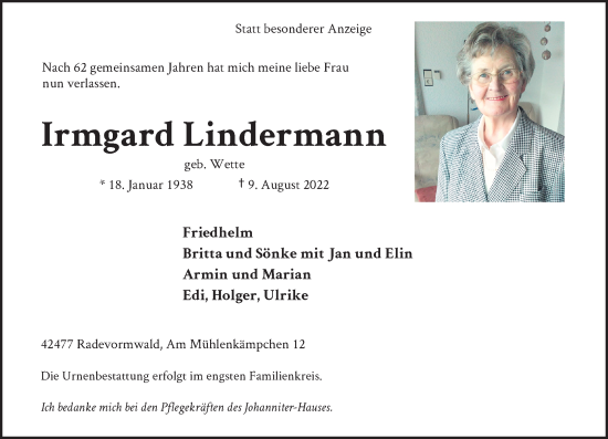 Traueranzeige von Irmgard Lindermann von Rheinische Post