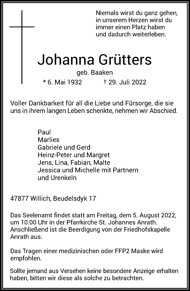  Traueranzeige für Johanna Grütters vom 03.08.2022 aus Rheinische Post