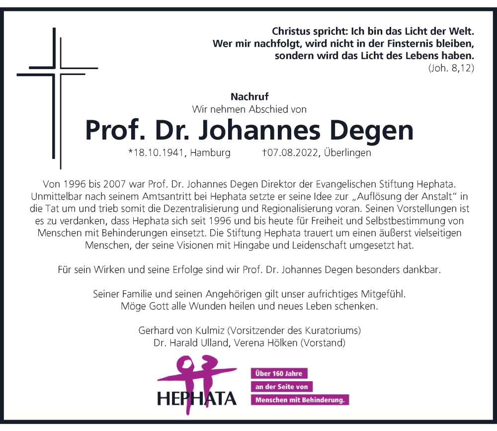  Traueranzeige für Johannes Degen vom 13.08.2022 aus Rheinische Post