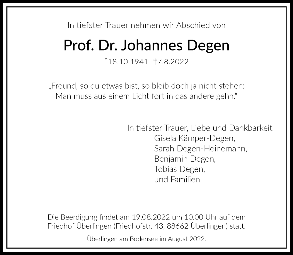  Traueranzeige für Johannes Degen vom 13.08.2022 aus Rheinische Post