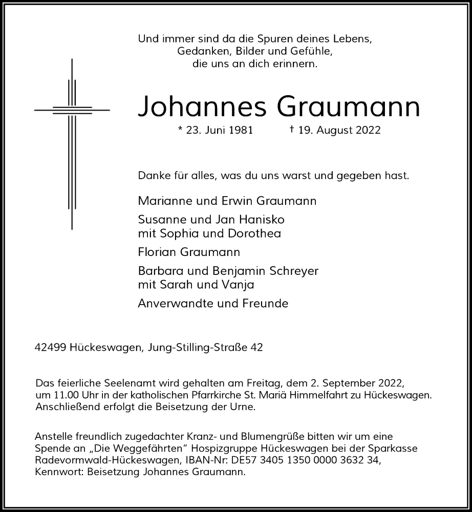  Traueranzeige für Johannes Graumann vom 27.08.2022 aus Rheinische Post