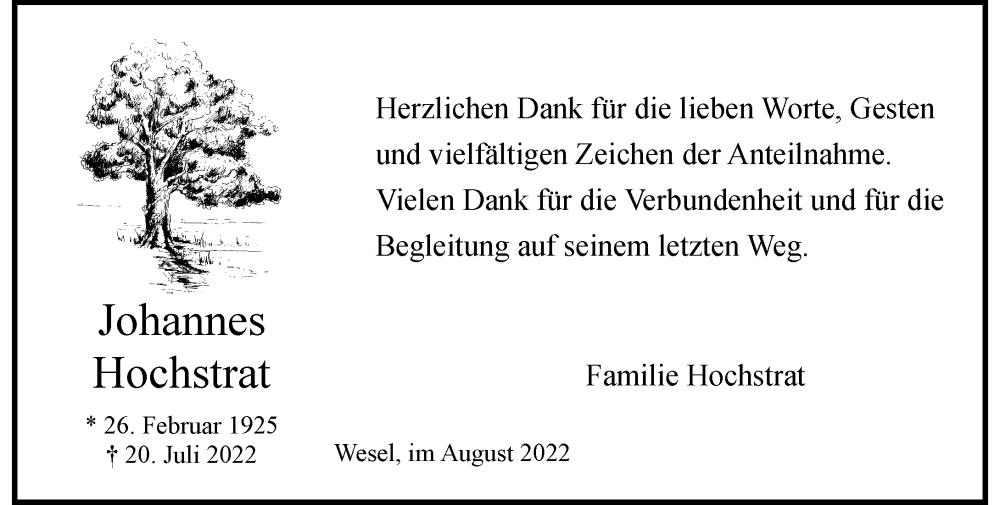  Traueranzeige für Johannes Hochstrat vom 06.08.2022 aus Rheinische Post