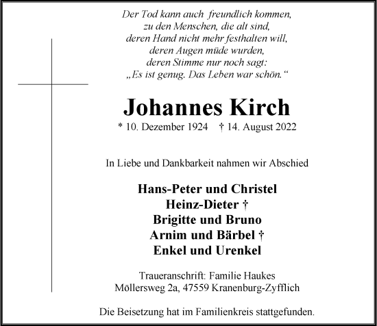 Traueranzeige von Johannes Kirch von Rheinische Post