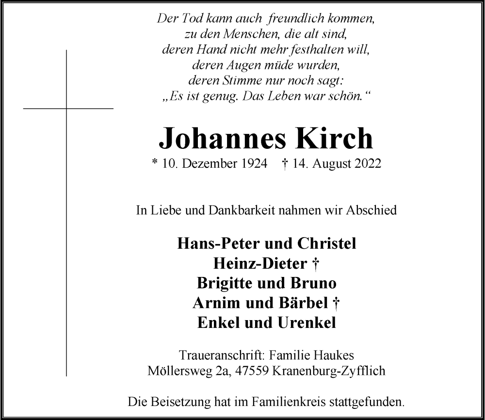  Traueranzeige für Johannes Kirch vom 27.08.2022 aus Rheinische Post