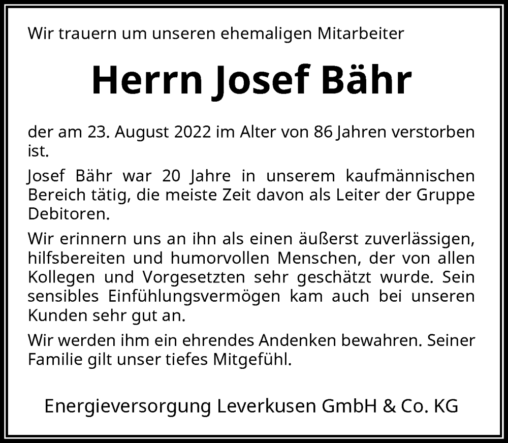  Traueranzeige für Josef Bähr vom 03.09.2022 aus Rheinische Post
