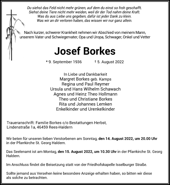 Traueranzeige von Josef Borkes von Rheinische Post