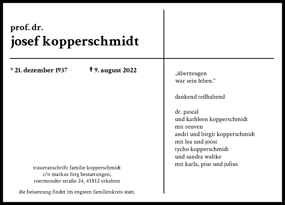  Traueranzeige für Josef Kopperschmidt vom 13.08.2022 aus Rheinische Post