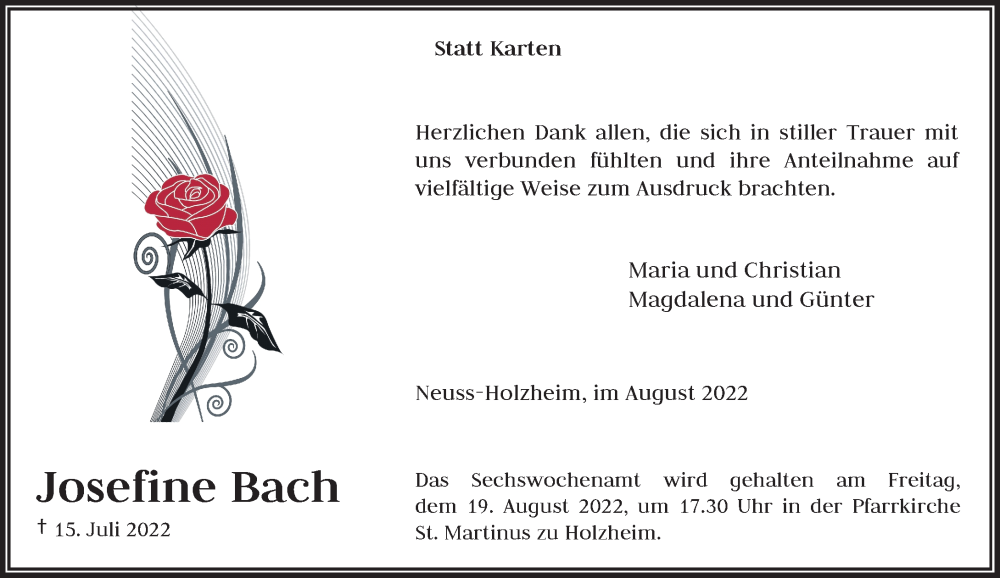 Traueranzeige für Josefine Bach vom 13.08.2022 aus Rheinische Post