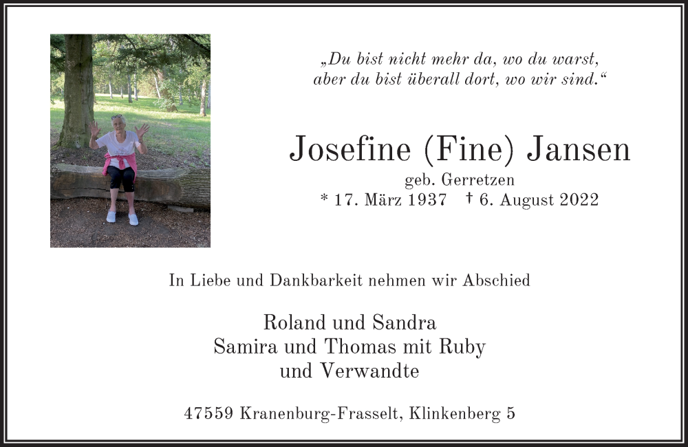  Traueranzeige für Josefine Jansen vom 30.08.2022 aus Rheinische Post