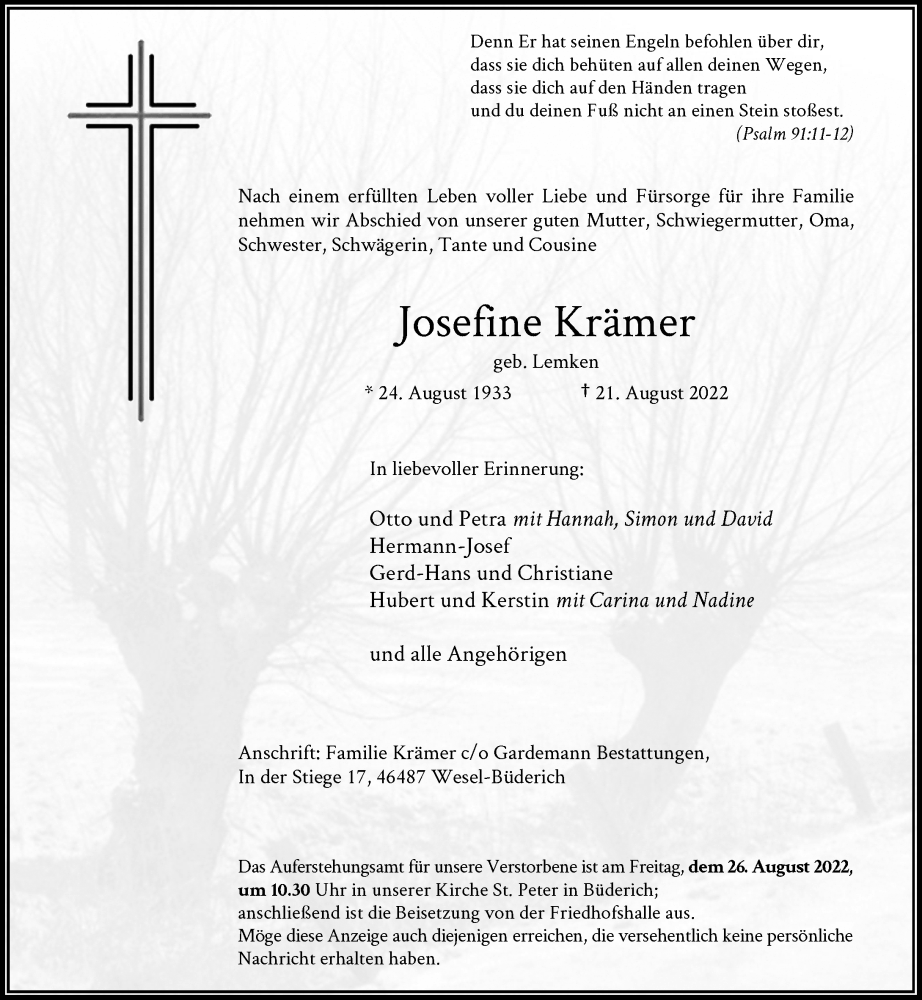  Traueranzeige für Josefine Krämer vom 25.08.2022 aus Rheinische Post