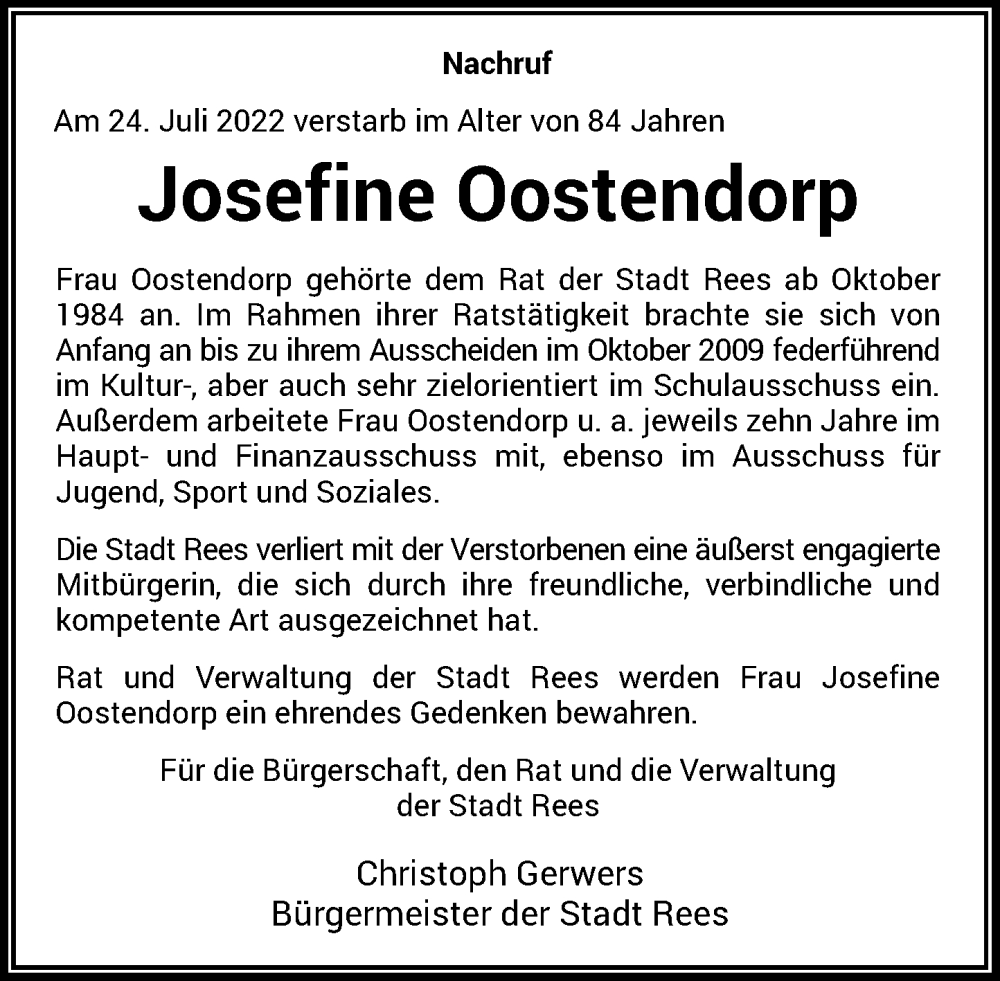  Traueranzeige für Josefine Oostendorp vom 03.08.2022 aus Rheinische Post