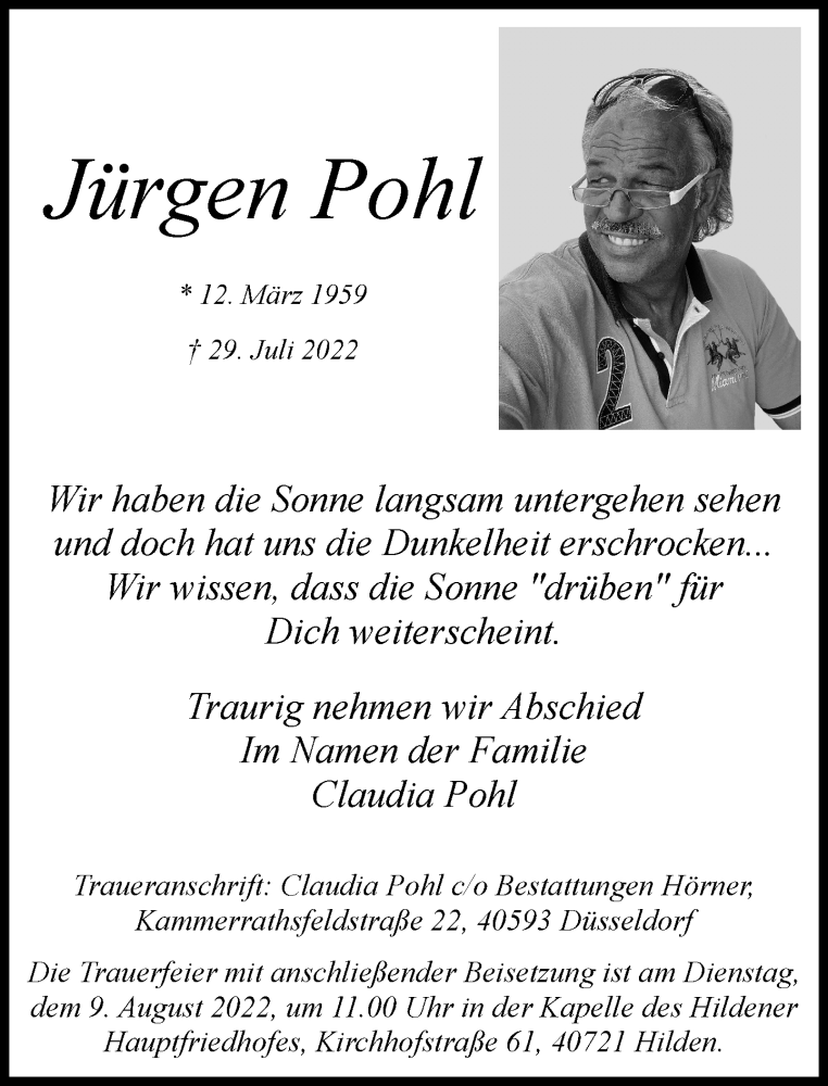  Traueranzeige für Jürgen Pohl vom 06.08.2022 aus Rheinische Post