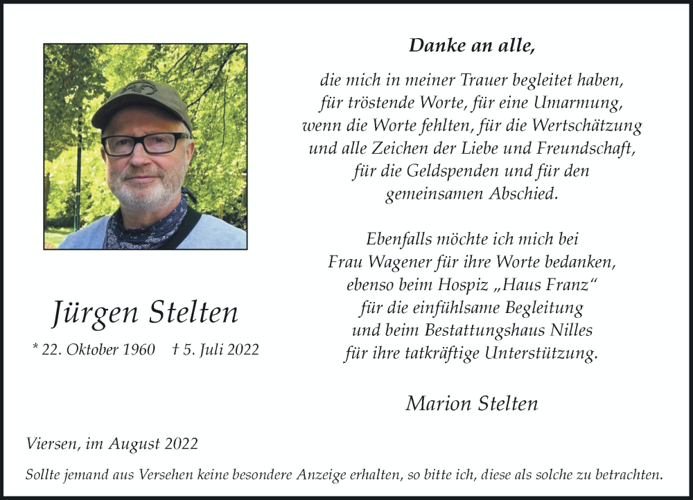  Traueranzeige für Jürgen Stelten vom 27.08.2022 aus Rheinische Post