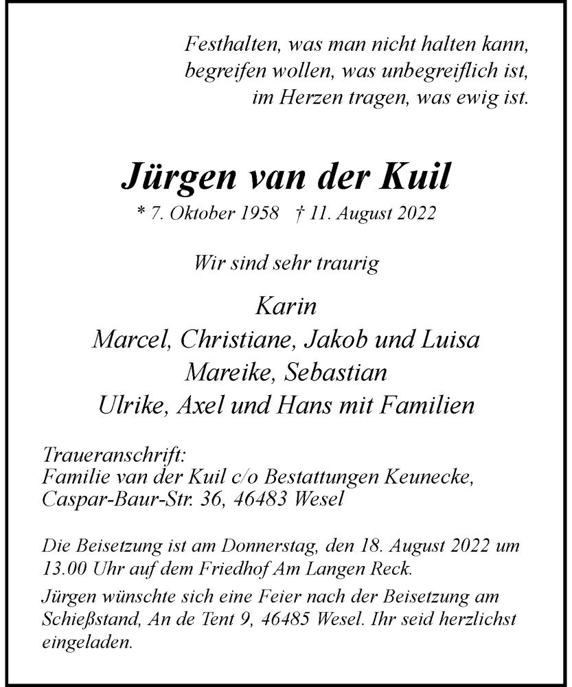  Traueranzeige für Jürgen van der Kuil vom 15.08.2022 aus Rheinische Post