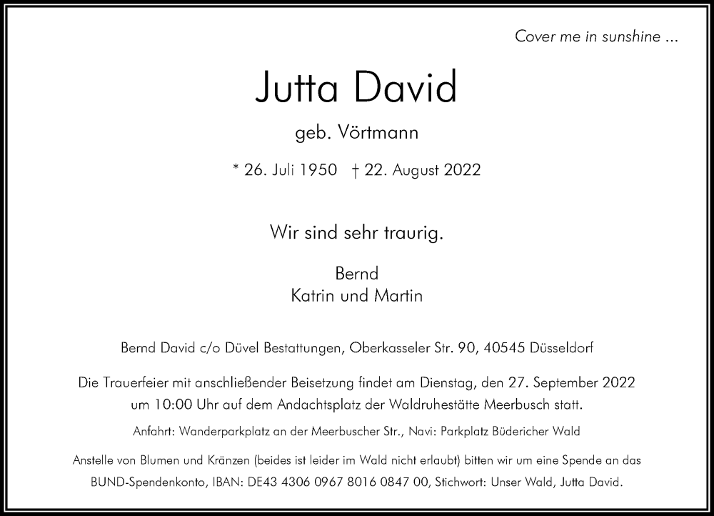 Traueranzeige für Jutta David vom 27.08.2022 aus Rheinische Post