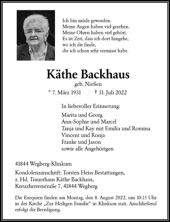 Traueranzeige von Käthe Backhaus von Rheinische Post