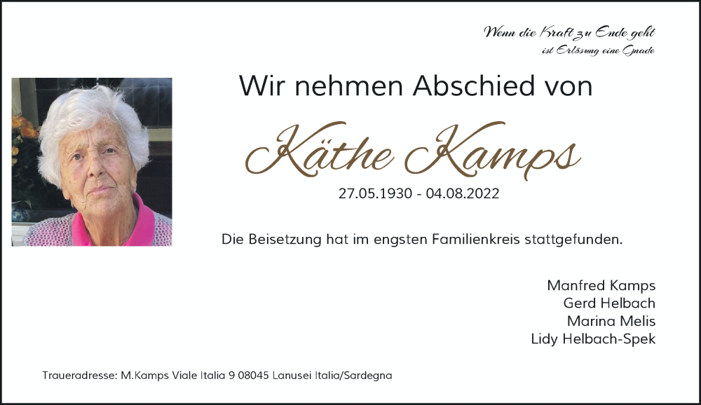  Traueranzeige für Käthe Kamps vom 13.08.2022 aus Rheinische Post