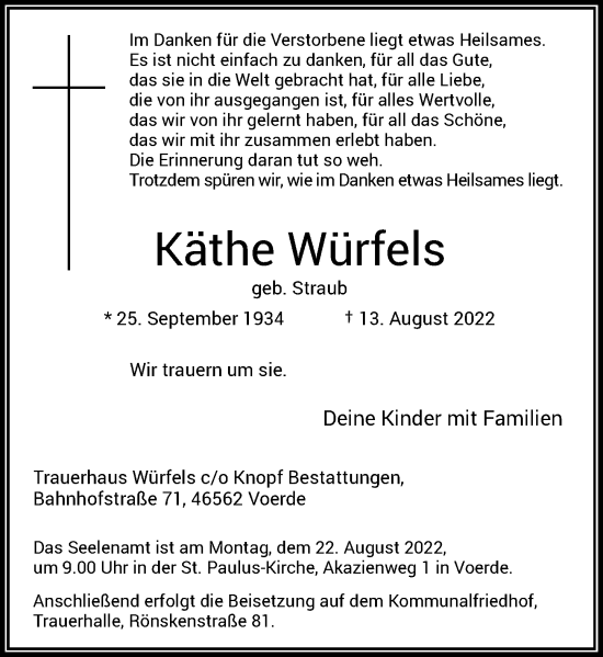 Traueranzeige von Käthe Würfels von Rheinische Post