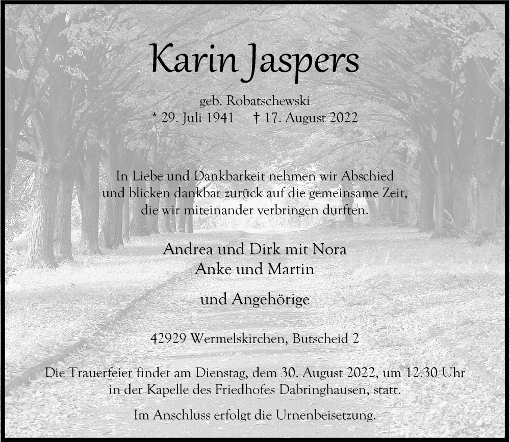  Traueranzeige für Karin Jaspers vom 24.08.2022 aus Rheinische Post