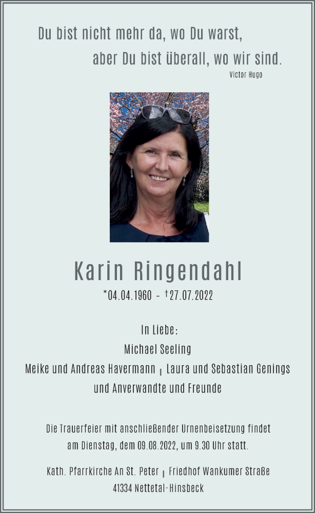  Traueranzeige für Karin Ringendahl vom 03.08.2022 aus Rheinische Post