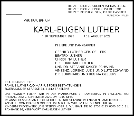 Traueranzeige von Karl-Eugen Luther von Rheinische Post