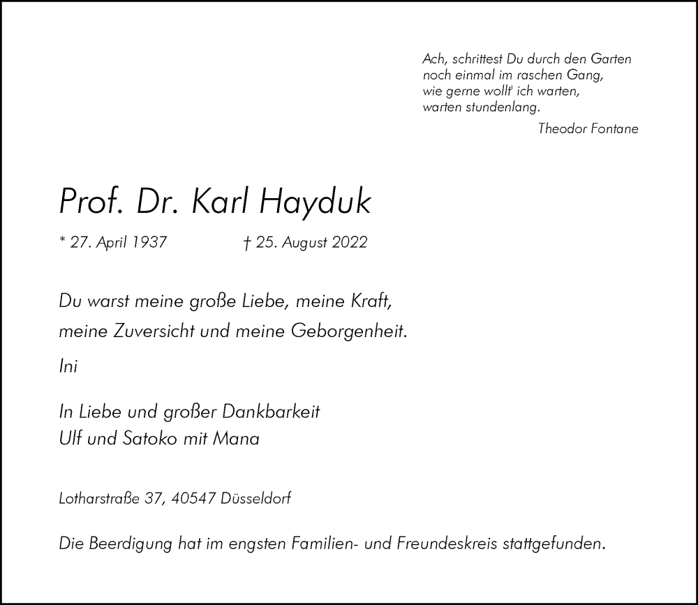  Traueranzeige für Karl Hayduk vom 10.09.2022 aus Rheinische Post