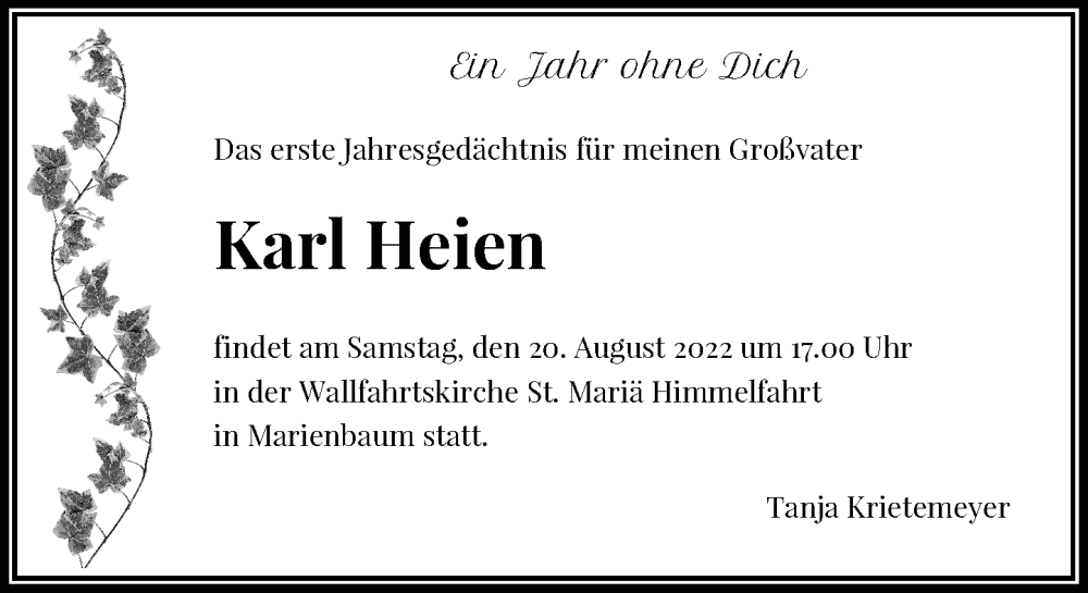  Traueranzeige für Karl Heien vom 13.08.2022 aus Rheinische Post