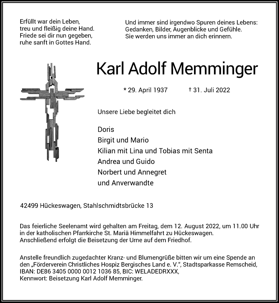  Traueranzeige für Karl Adolf Memminger vom 06.08.2022 aus Rheinische Post