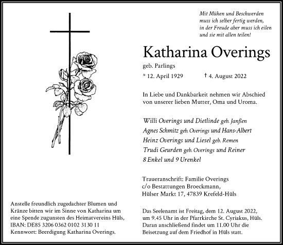 Traueranzeige von Katharina Overings von Rheinische Post