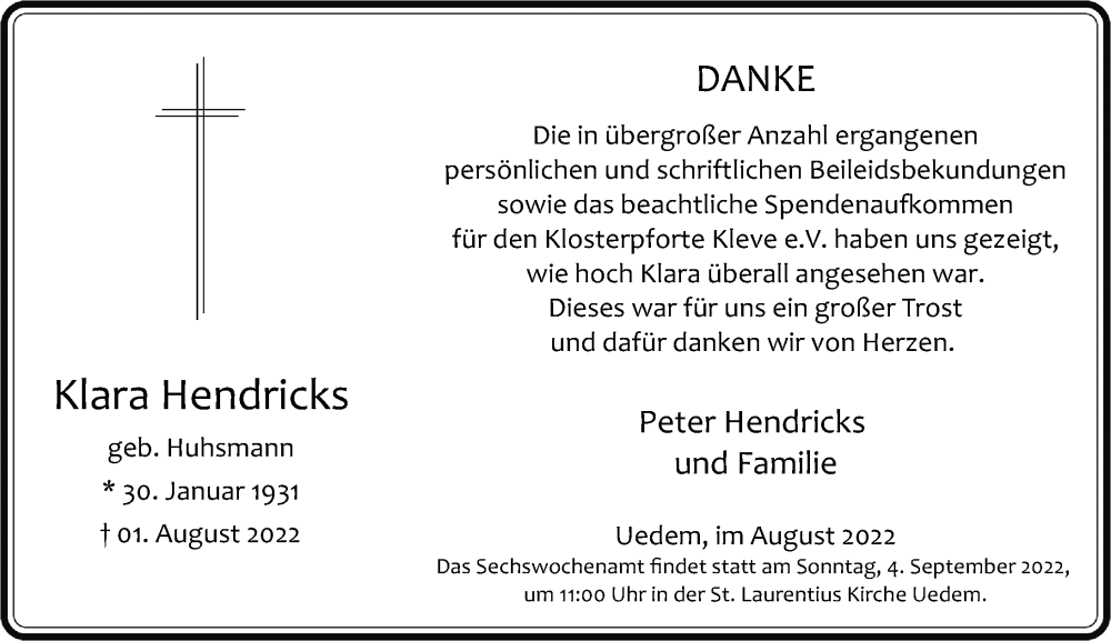  Traueranzeige für Klara Hendricks vom 27.08.2022 aus Rheinische Post