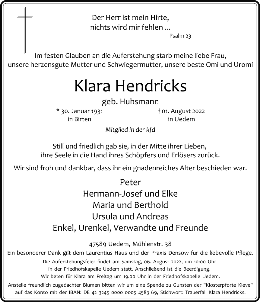  Traueranzeige für Klara Hendricks vom 03.08.2022 aus Rheinische Post