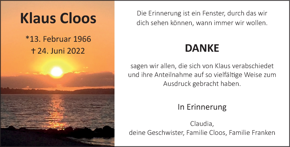  Traueranzeige für Klaus Cloos vom 20.08.2022 aus Rheinische Post