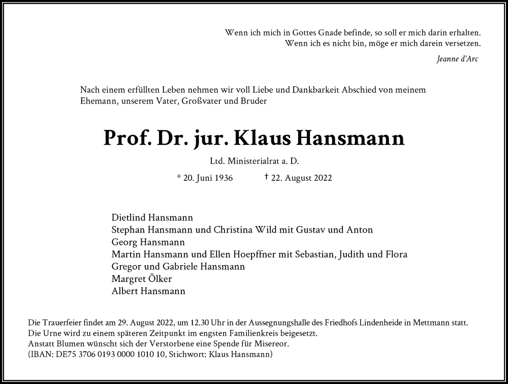  Traueranzeige für Klaus Hansmann vom 27.08.2022 aus Rheinische Post