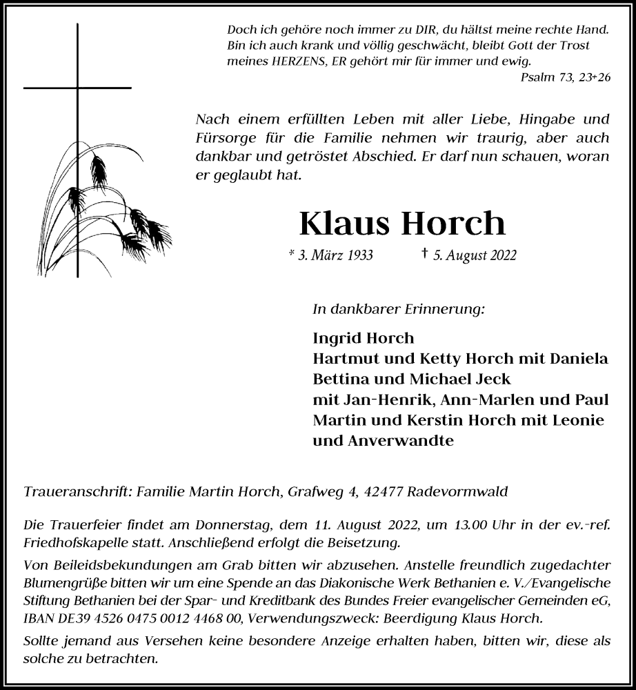  Traueranzeige für Klaus Horch vom 09.08.2022 aus Rheinische Post