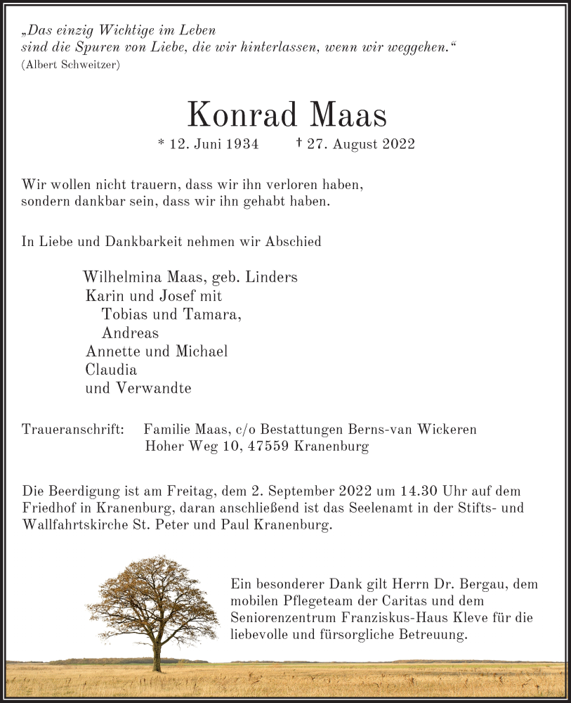  Traueranzeige für Konrad Maas vom 30.08.2022 aus Rheinische Post