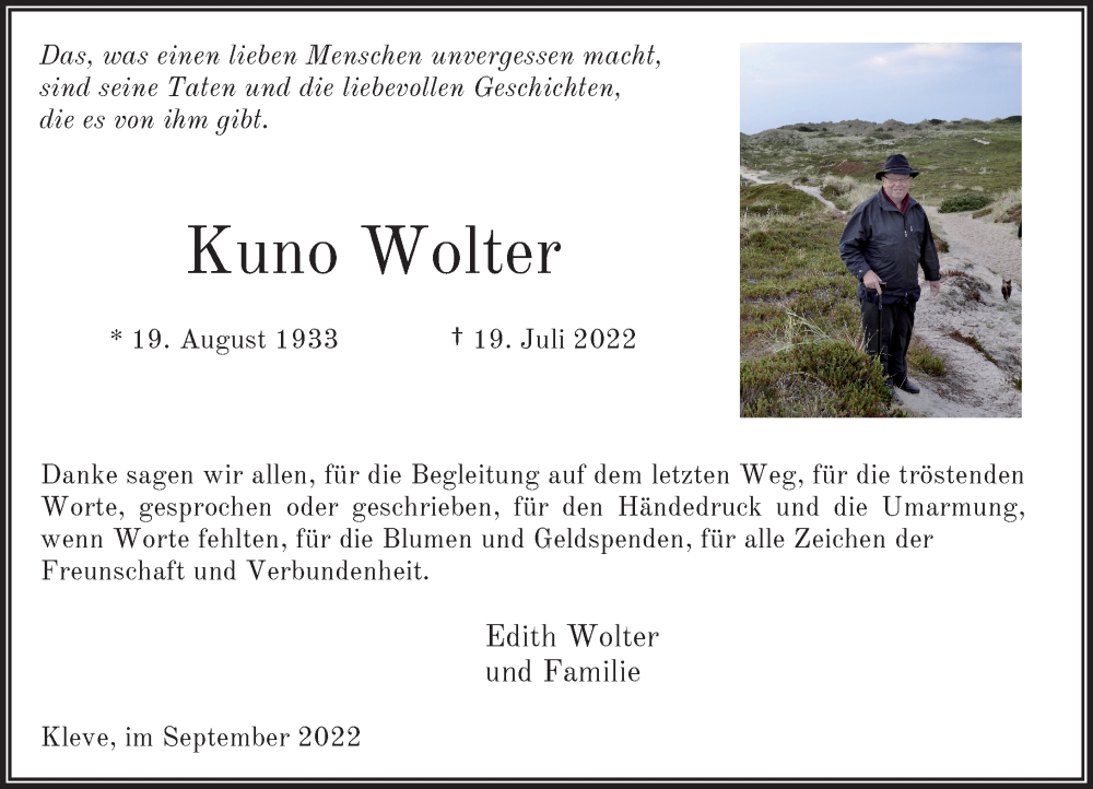  Traueranzeige für Kuno Wolter vom 17.09.2022 aus Rheinische Post