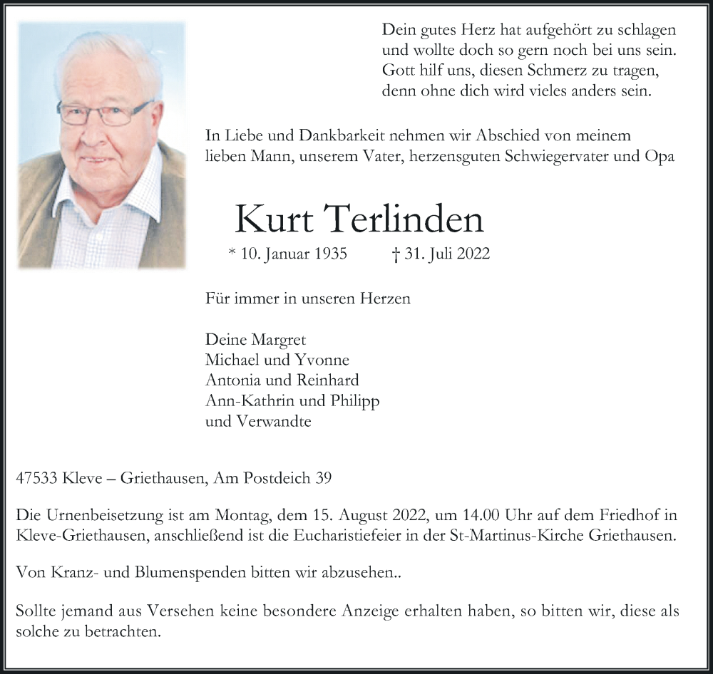  Traueranzeige für Kurt Terlinden vom 06.08.2022 aus Rheinische Post