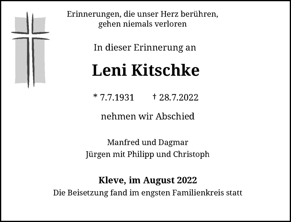  Traueranzeige für Leni Kitschke vom 10.08.2022 aus Rheinische Post
