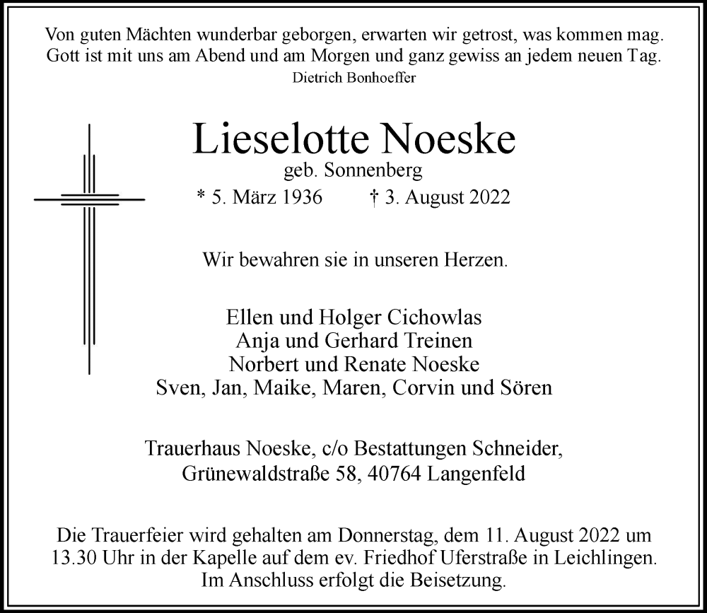 Traueranzeige für Lieselotte Noeske vom 06.08.2022 aus Rheinische Post