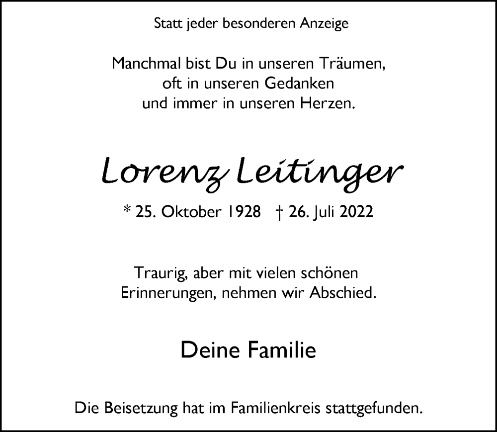  Traueranzeige für Lorenz Leitinger vom 13.08.2022 aus Rheinische Post