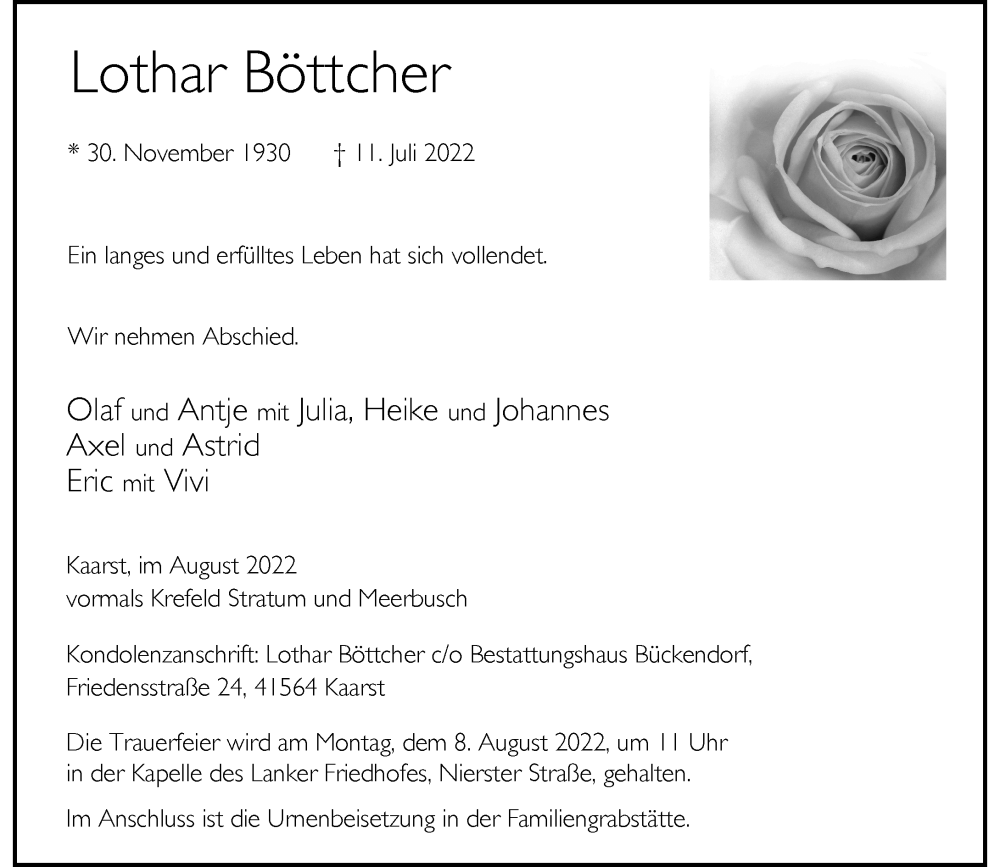  Traueranzeige für Lothar Böttcher vom 03.08.2022 aus Rheinische Post