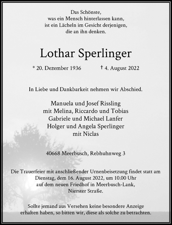 Traueranzeige von Lothar Sperlinger von Rheinische Post