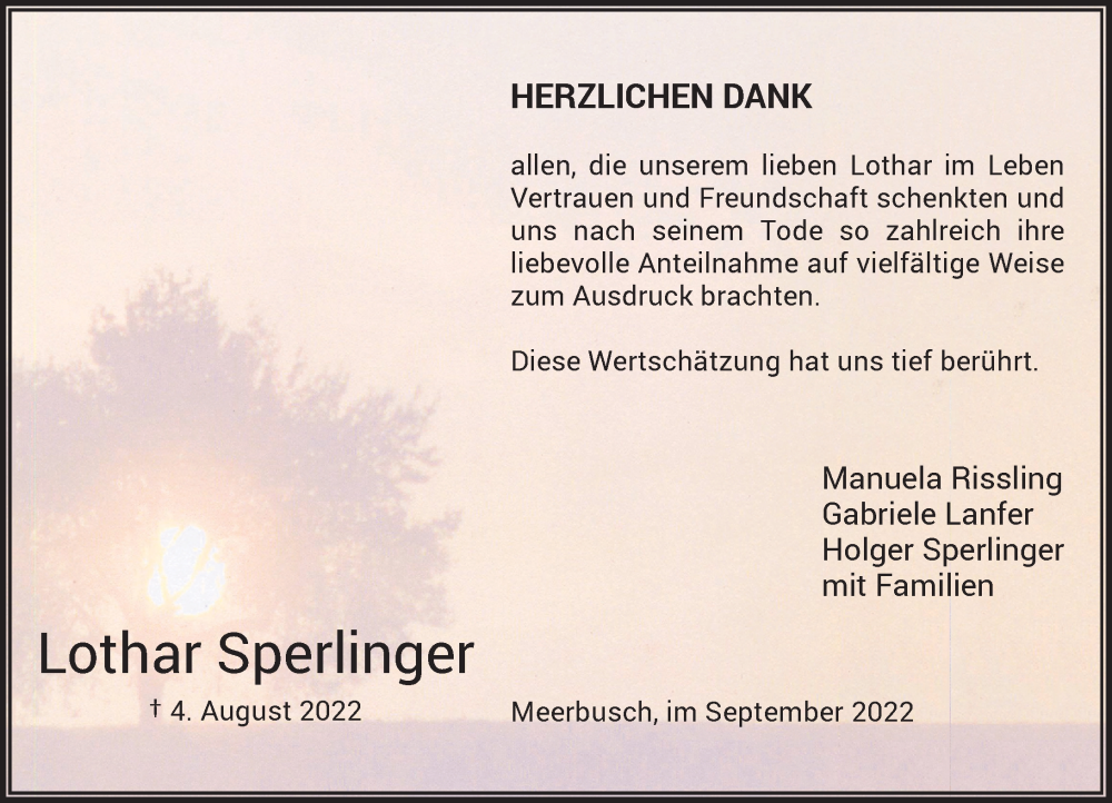 Traueranzeige für Lothar Sperlinger vom 03.09.2022 aus Rheinische Post