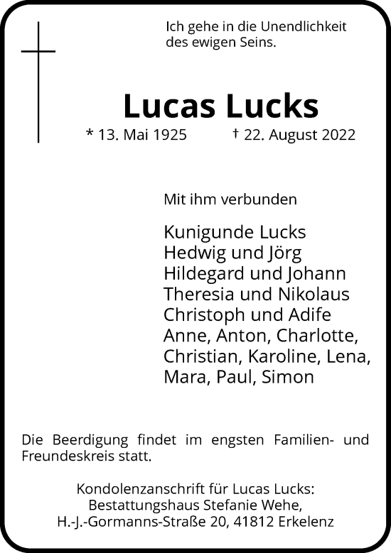 Traueranzeige von Lucas Lucks von Rheinische Post